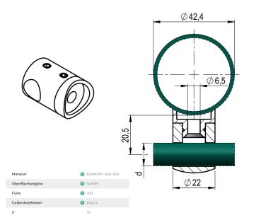 Querstabhalter Ø10,0 mm/Ø42,4 mm DURCHGEHEND Edelstahl Traversenhalter Reling Geländer Relinggeländer V2A